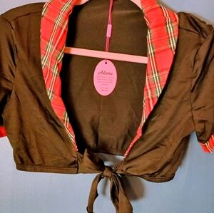 Adome Black Tie-Front Crop Top with Red Plaid Trim